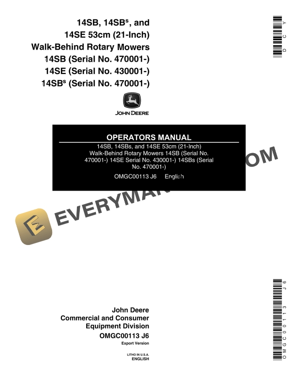 John Deere 14SB 14SBs and 14SE 53cm 21 Operator Manual OMGC00113 1