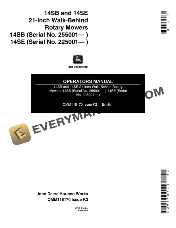 John Deere 14SB and 14SE 21 Inch Walk Behind Rotary Mowers Operator Manual OMM118170 1