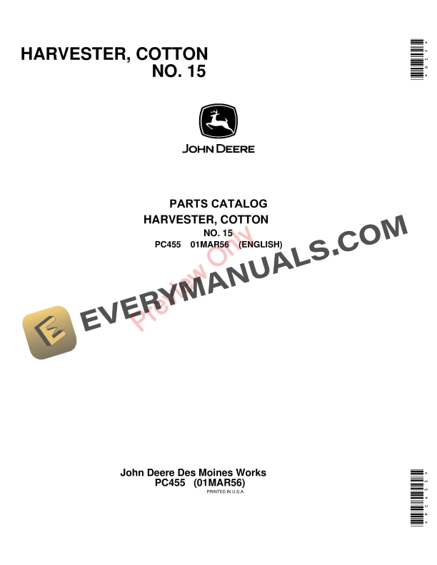 John Deere 15 Cotton Harvester Parts Catalog PC455 01MAR56