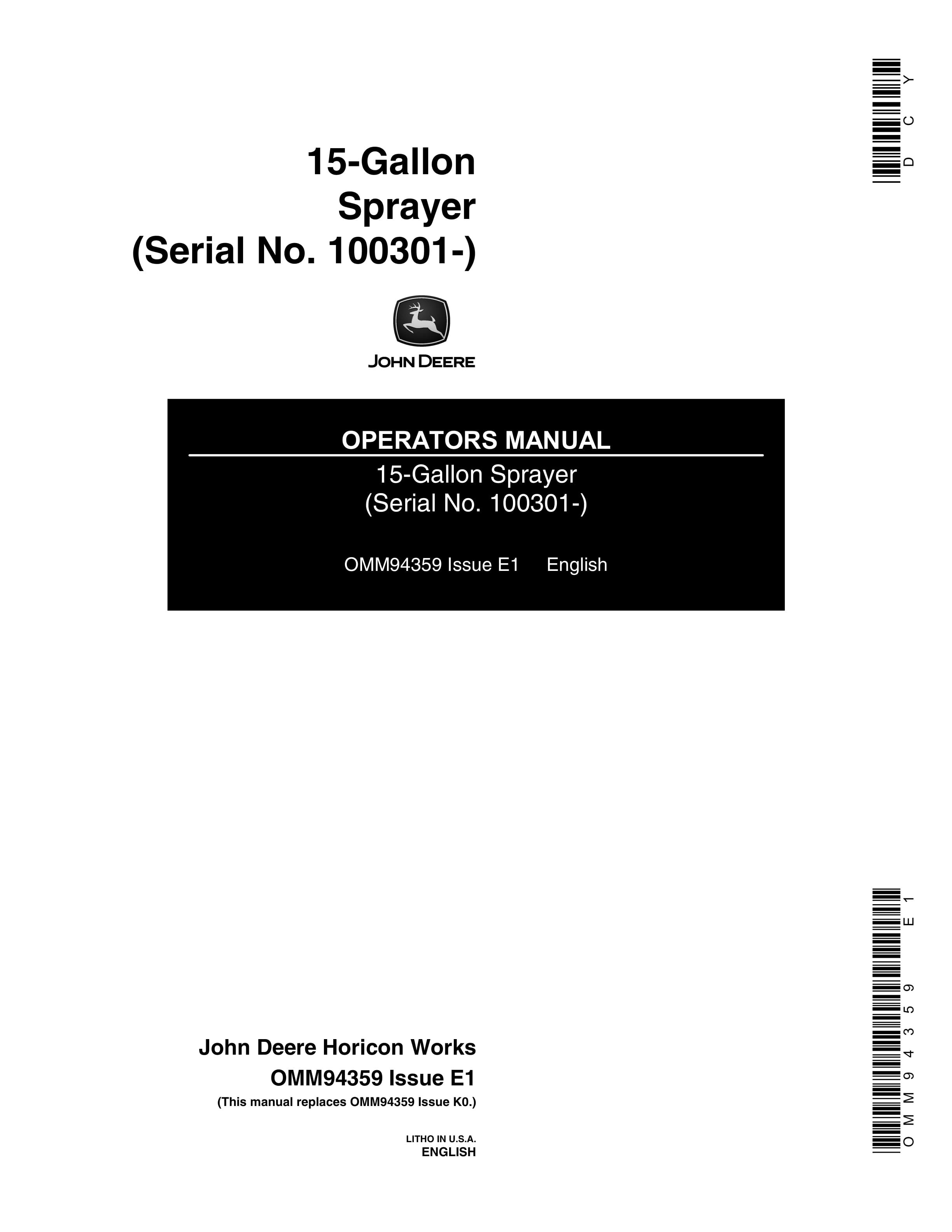 John Deere 15 Gallon Sprayer Operator Manual OMM94359 1