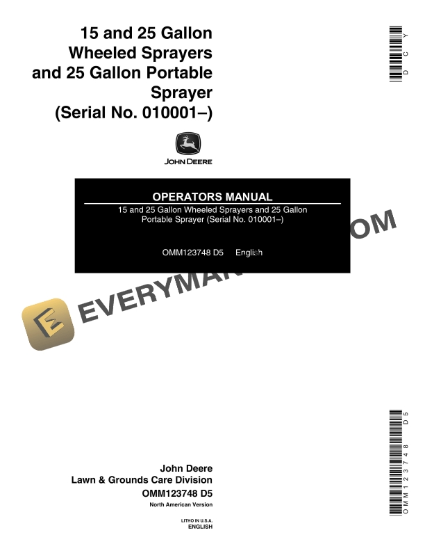 John Deere 15 and 25 Gallon Wheeled Sprayer and 25 Gallon Portable Sprayer Operator Manual OMM123748 1