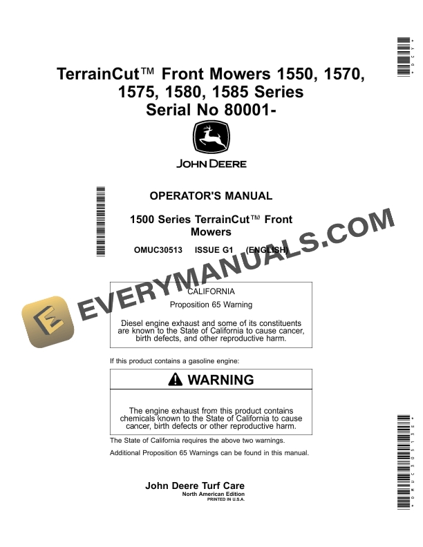 John Deere 1550, 1570, 1575, 1580, 1585 Series TerrainCut Front Mowers Operator Manual OMUC30513