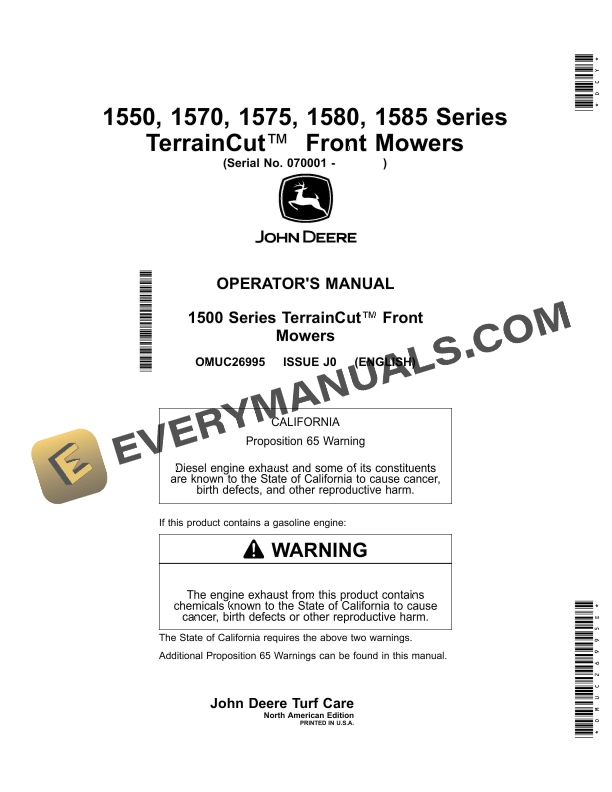John Deere 1550 1570 1575 1580 1585 Series TerrainCut Front Mowers Serial No. 070001 Operator Manual OMUC26995E 1