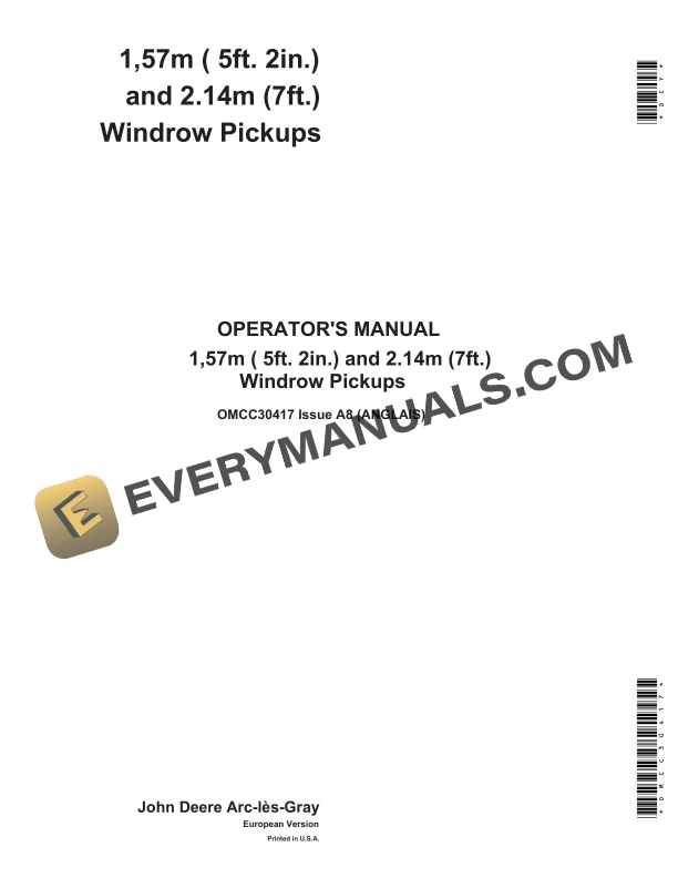 John Deere 157m 5ft. 2in. and 2.14m 7ft. Windrow Pickup Operator Manual OMCC30417 1