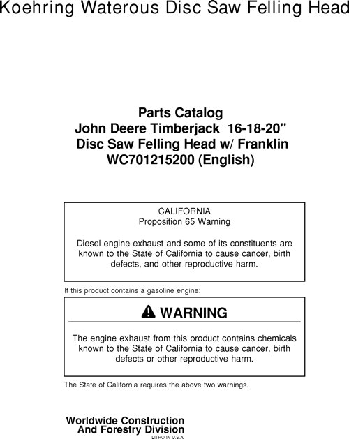 John Deere 16 18 20 Inch Felling Head Parts Catalog WC701215200