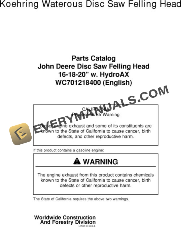 John Deere 16 18 20 Inch Felling Head Parts Catalog WC701218400