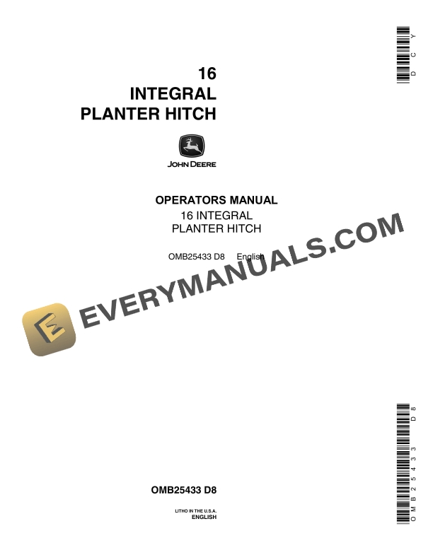John Deere 16 INTEGRAL PLANTER HITCH Operator Manual OMB25433 1