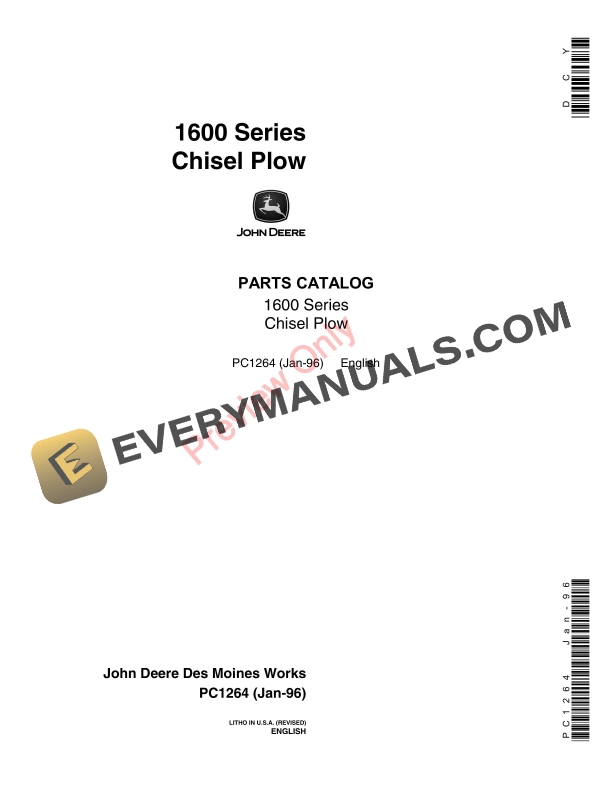 John Deere 1600 Series Drawn and Mounted Chisel Plows Parts Catalog PC1264 30JAN96