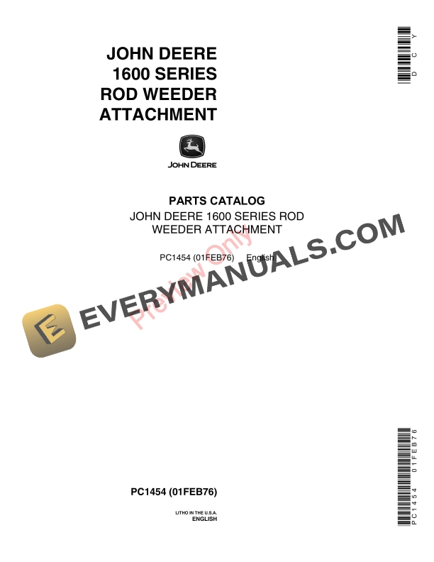 John Deere 1600 Series Rod Weeder Attachment Parts Catalog PC1454 01FEB76