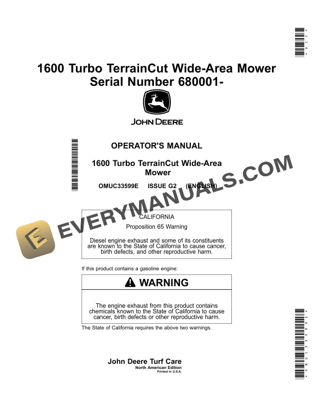 John Deere 1600 Turbo TerrainCut Wide Area Mower Serial Number 680001 Operator Manual OMUC33599E 1