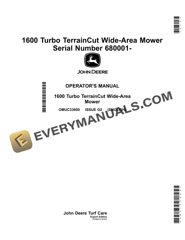 John Deere 1600 Turbo TerrainCut Wide Area Mower Serial Number 680001 Operator Manual OMUC33600 1