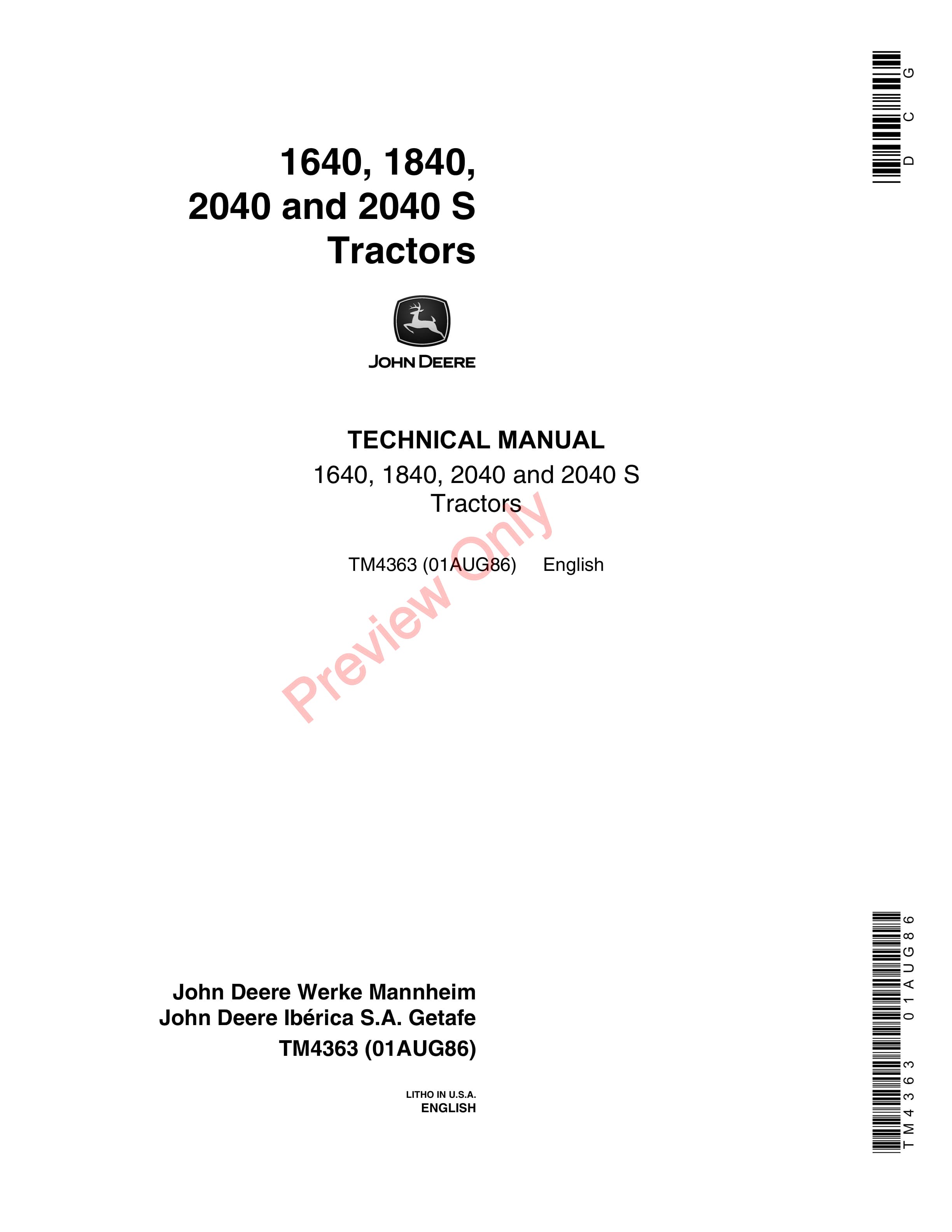 John Deere 1640 1840 2040 and 2040S Tractors Technical Manual TM4363 01AUG86 PDF