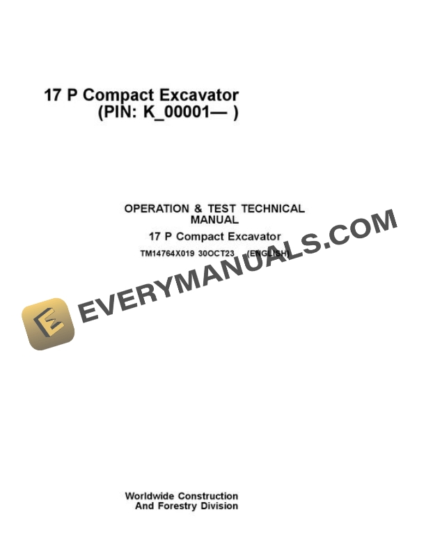 John Deere 17 P Excavator Test Manual TM14764X019