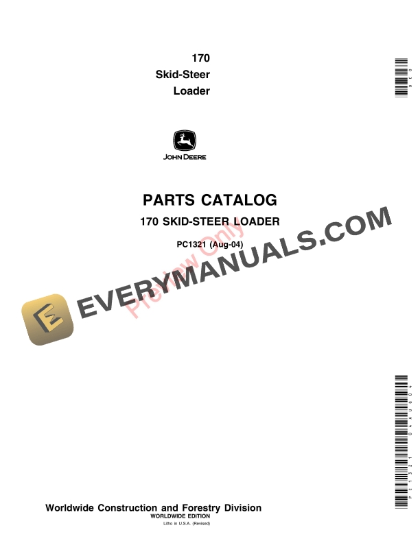John Deere 170 Skid Steer Loader Parts Catalog PC1321 04AUG04