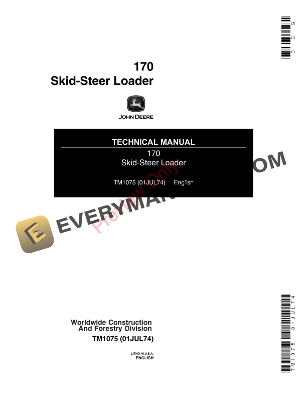 John Deere 170 Skid Steer Loader Technical Manual TM1075 01JUL74 1