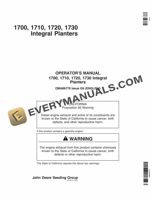 John Deere 1700 1710 1720 1730 Integral Planter Operator Manual OMA86779 1