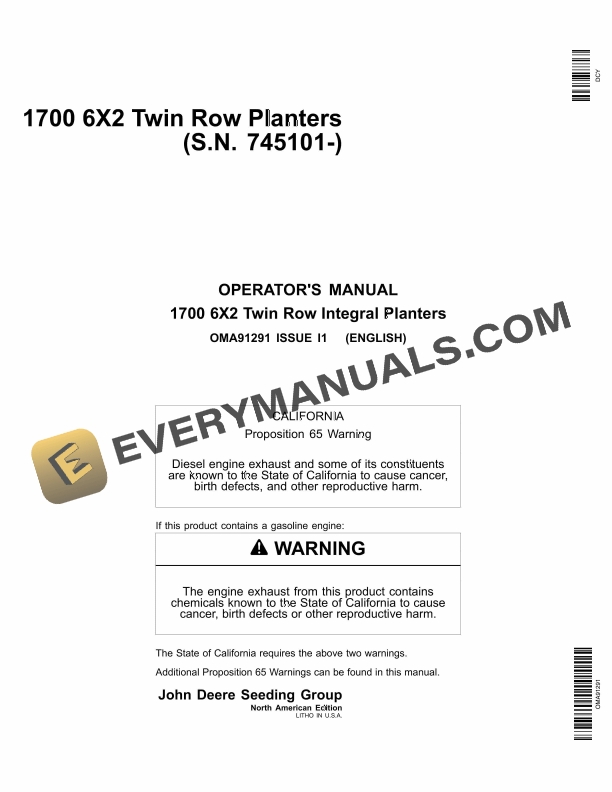 John Deere 1700 6X2 Twin Row Integral Planter Operator Manual OMA91291