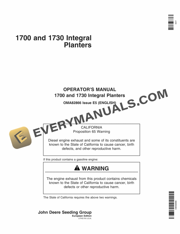 John Deere 1700, 1730 Integral Planter Operator Manual OMA82866