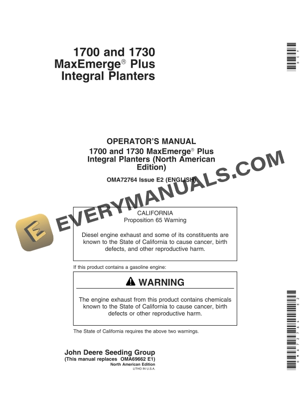 John Deere 1700 and 1730 MaxEmerge Plus Integral Planter Operator Manual OMA72764 1