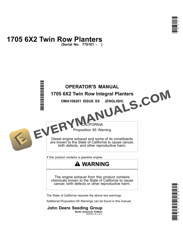 John Deere 1705 6X2 Twin Row Integral Planter Operator Manual OMA108281