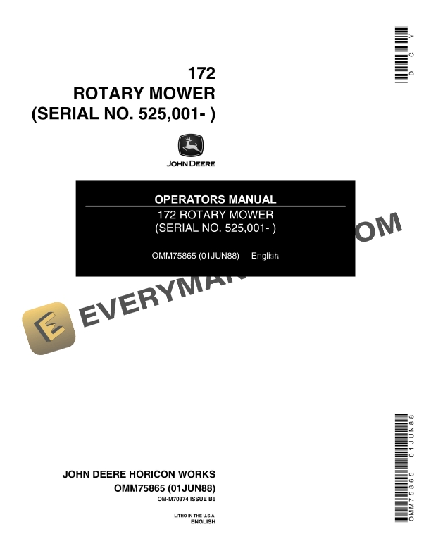 John Deere 172 ROTARY MOWER Operator Manual OMM75865 1