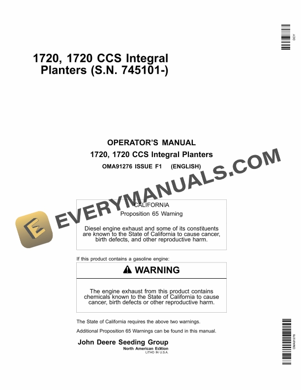 John Deere 1720 1720 CCS Integral Planter Operator Manual OMA91276 1