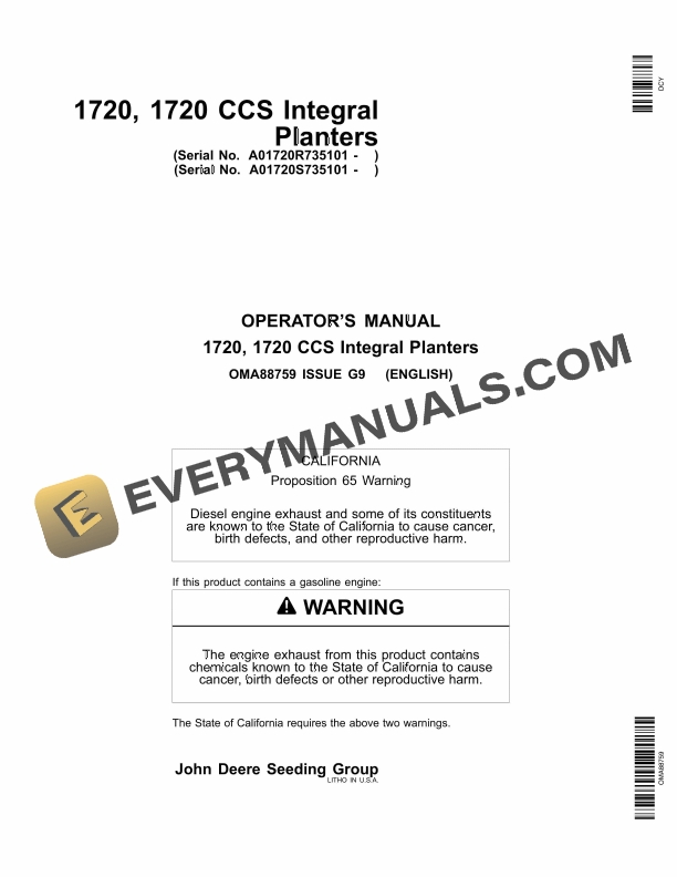 John Deere 17201720 CCS Integral Planter Operator Manual OMA88759 1