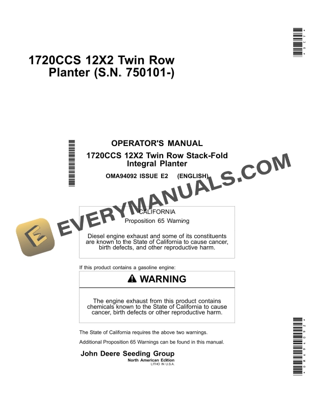 John Deere 1720CCS 12x2 Twin Row Stack-Fold Integral Planter Operator Manual OMA94092