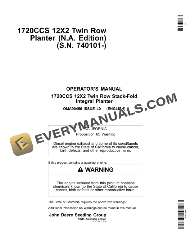 John Deere 1720CCS 12X2 Twin Row Stack­Fold Integral Planter Operator Manual OMA90456 1