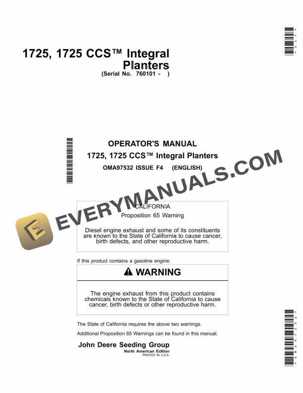John Deere 1725 1725 CCS Integral Planter Operator Manual OMA97532 1