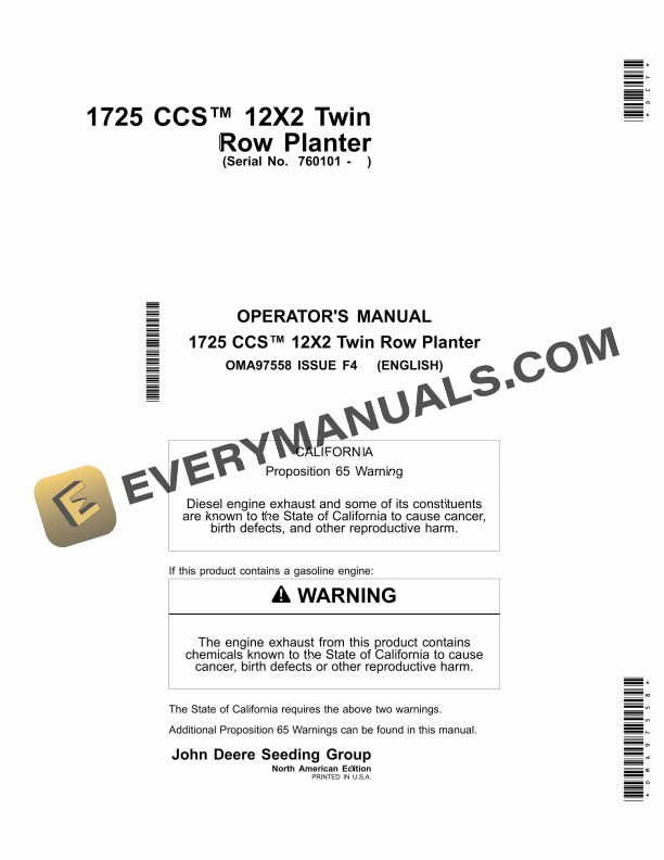 John Deere 1725 CCS 12X2 Twin Row Planter Operator Manual OMA97558 1