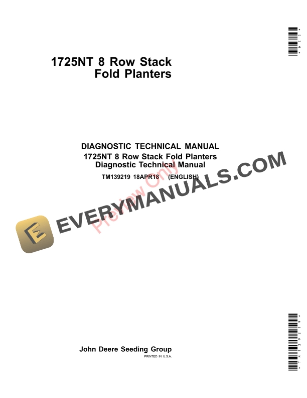 John Deere 1725NT 8 Row Stack Fold Planters Diagnostic Technical Manual TM139219 18APR18