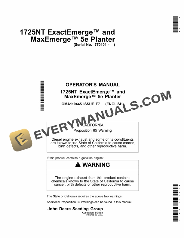 John Deere 1725NT ExactEmerge and MaxEmerge 5e Planter Operator Manual OMA110445 1