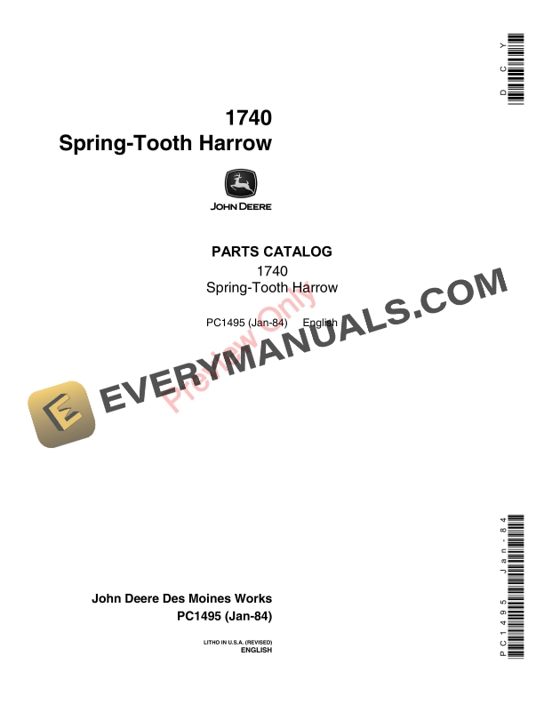 John Deere 1740 Spring-Tooth Harrow Parts Catalog PC1495 17JAN84
