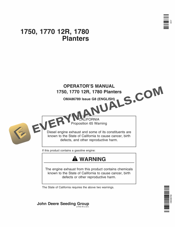 John Deere 1750 1770 12R 1780 Planter Operator Manual OMA86789 1
