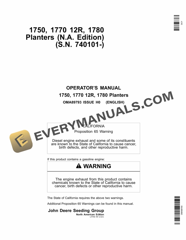 John Deere 1750 1770 12R 1780 Planter Operator Manual OMA89793 1