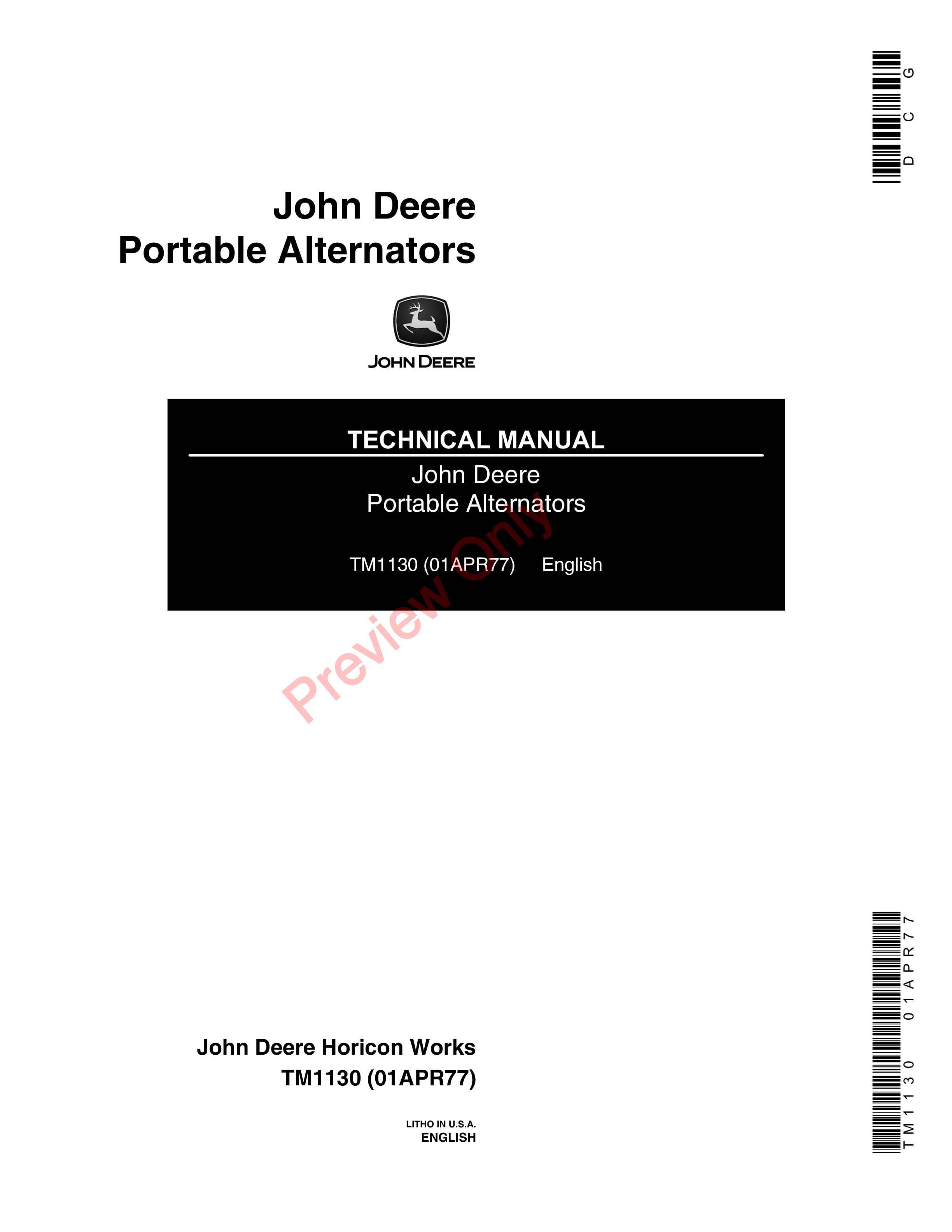 John Deere 1750W 3000W 4000W and 5000W Portable Alternator Technical Manual TM1130 01APR77 1