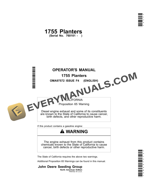 John Deere 1755 Planter Operator Manual OMA97572 1