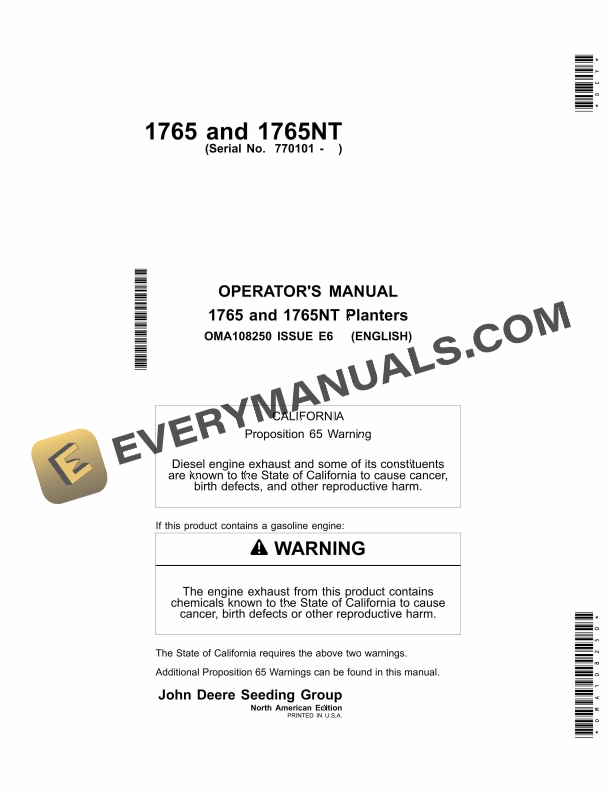 John Deere 1765, 1765NT Planter Operator Manual OMA108250