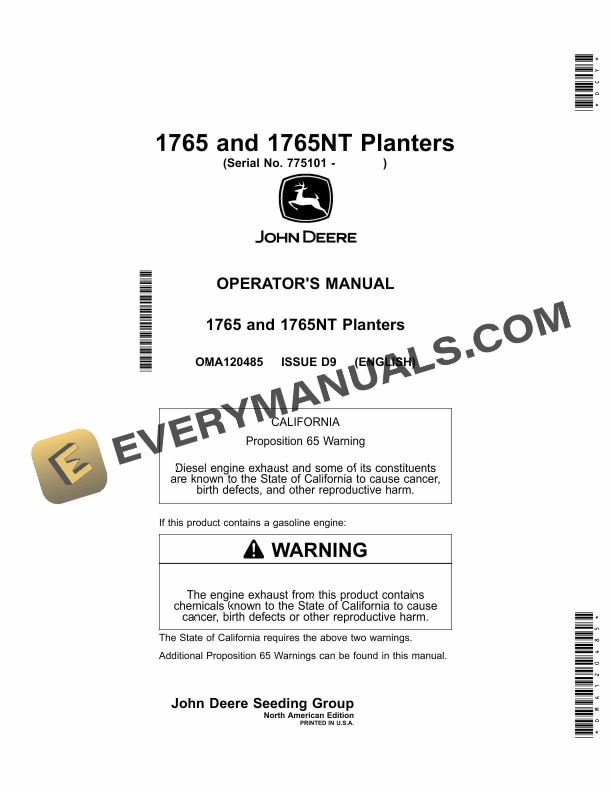 John Deere 1765, 1765NT Planter Operator Manual OMA120485