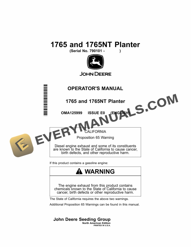 John Deere 1765, 1765NT Planter Operator Manual OMA125999