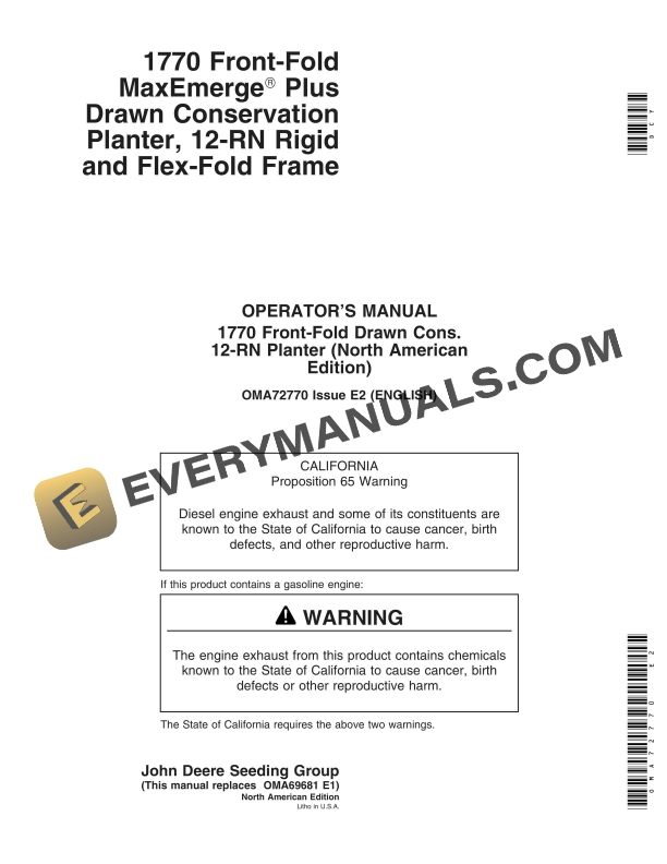 John Deere 1770 Front Fold Drawn Cons. 12 RN Planter Operator Manual OMA72770 1