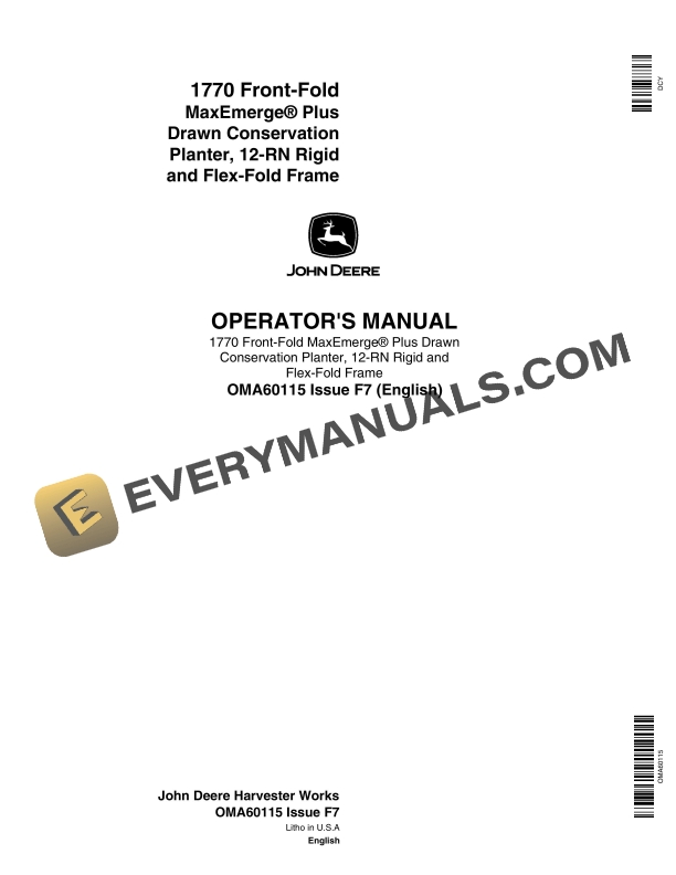 John Deere 1770 Front-Fold MaxEmerge Plus Drawn Conservation Planter Operator Manual OMA60115