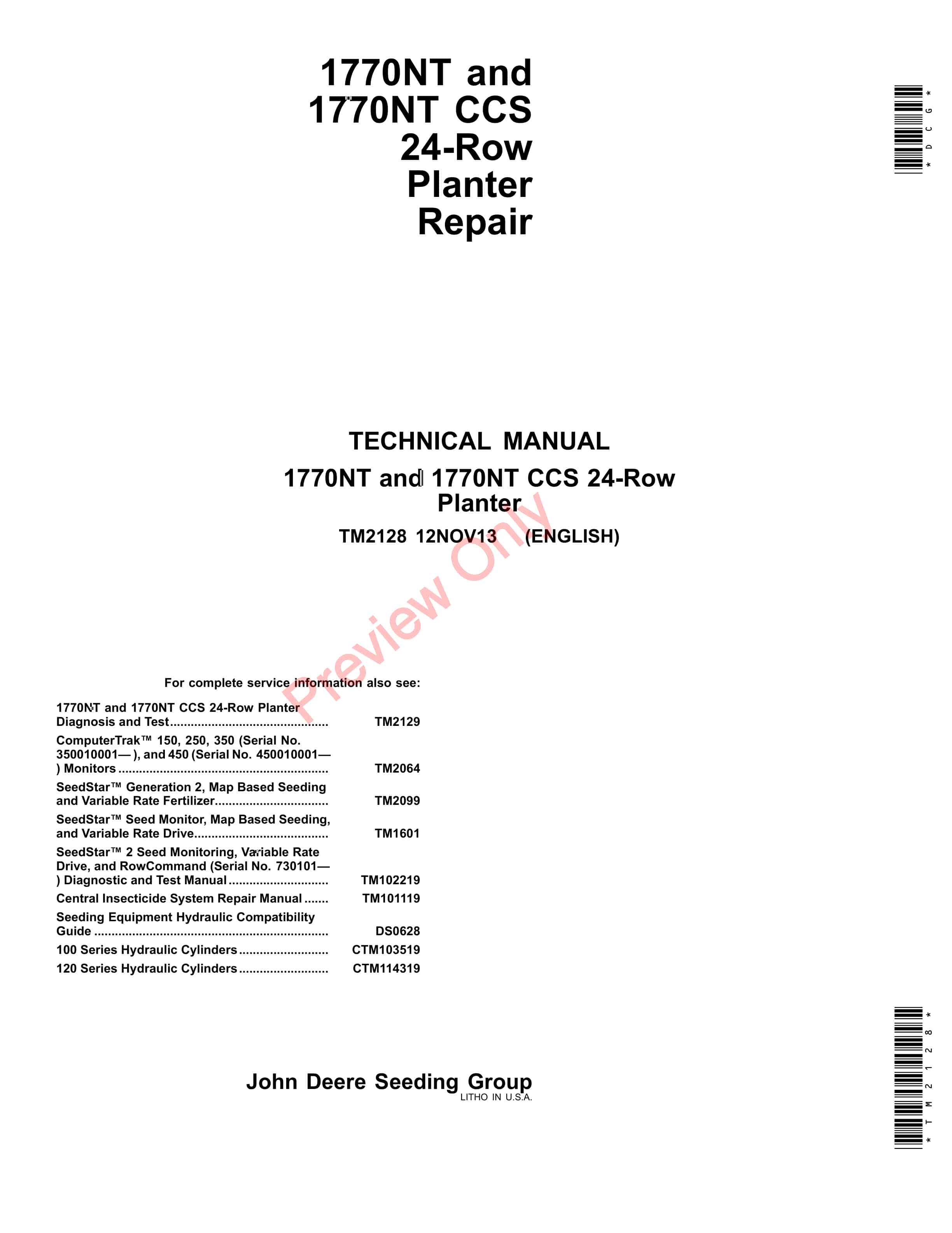 John Deere 1770NT 1770NT CCS Drawn 24RN Planters Technical Manual TM2128 12NOV13 1