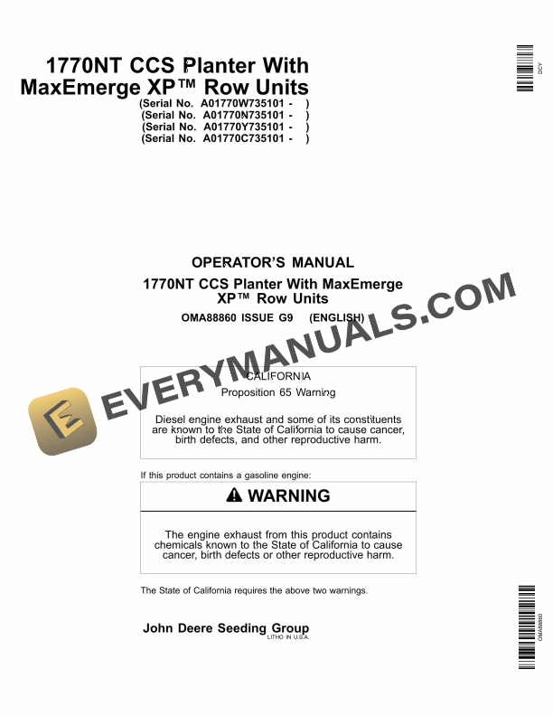 John Deere 1770NT CCS PLanter With MaxEmerge XP Row Units Operator Manual OMA88860 1