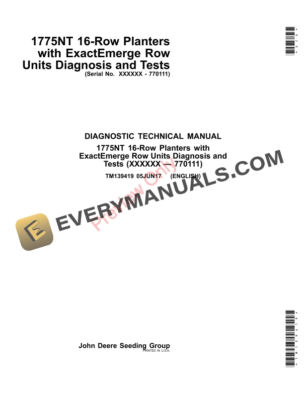 John Deere 1775NT 16-Row Planters with ExactEmerge Row Units Diagnostic Technical Manual TM139419 05JUN17