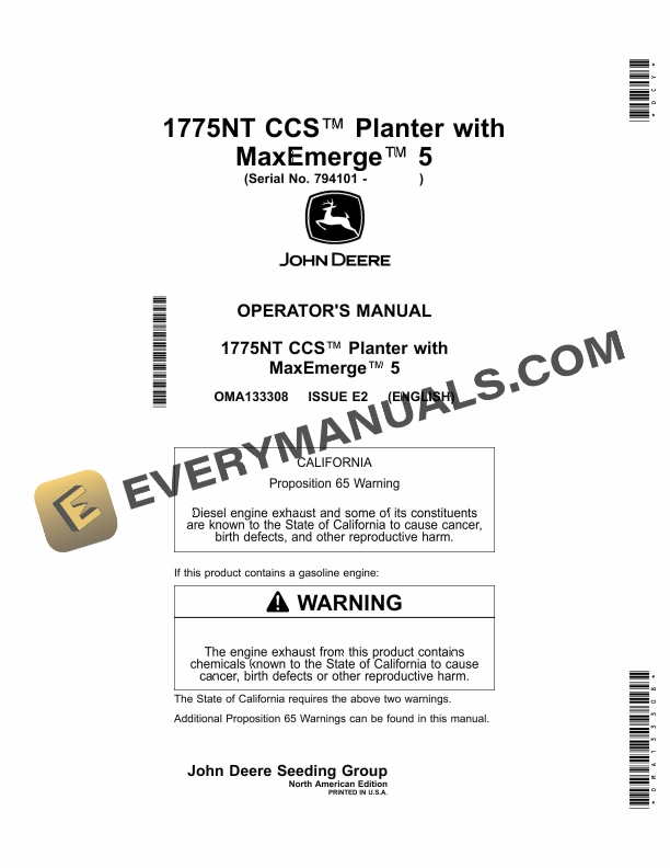 John Deere 1775NT CCS Planter With MaxEmerge 5 Operator Manual OMA133308