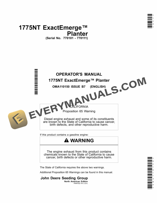John Deere 1775NT ExactEmerge Planter Operator Manual OMA110150 1