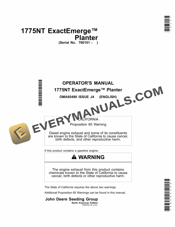 John Deere 1775NT ExactEmerge Planter Operator Manual OMA95499 1