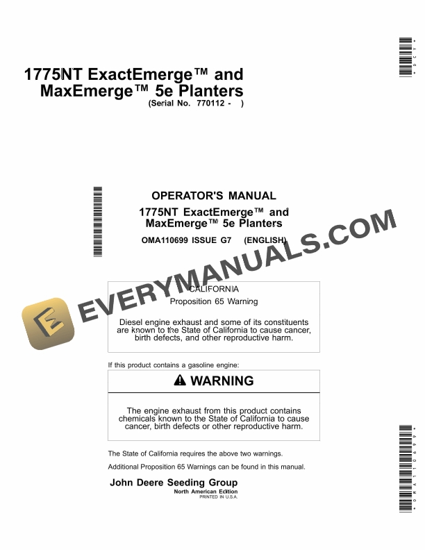 John Deere 1775NT ExactEmerge and MaxEmerge 5e Planter Operator Manual OMA110699 1